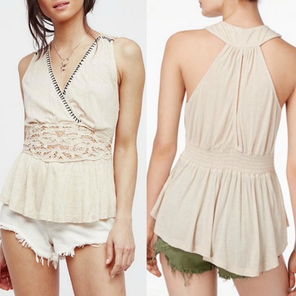 Free People Megan Peplum Crochet Shoulder Top L